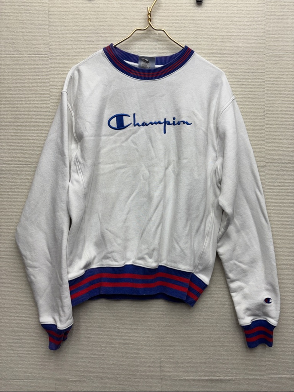 Champion | White Crewneck with Blue Script and Red Ribbing medium reverse weave